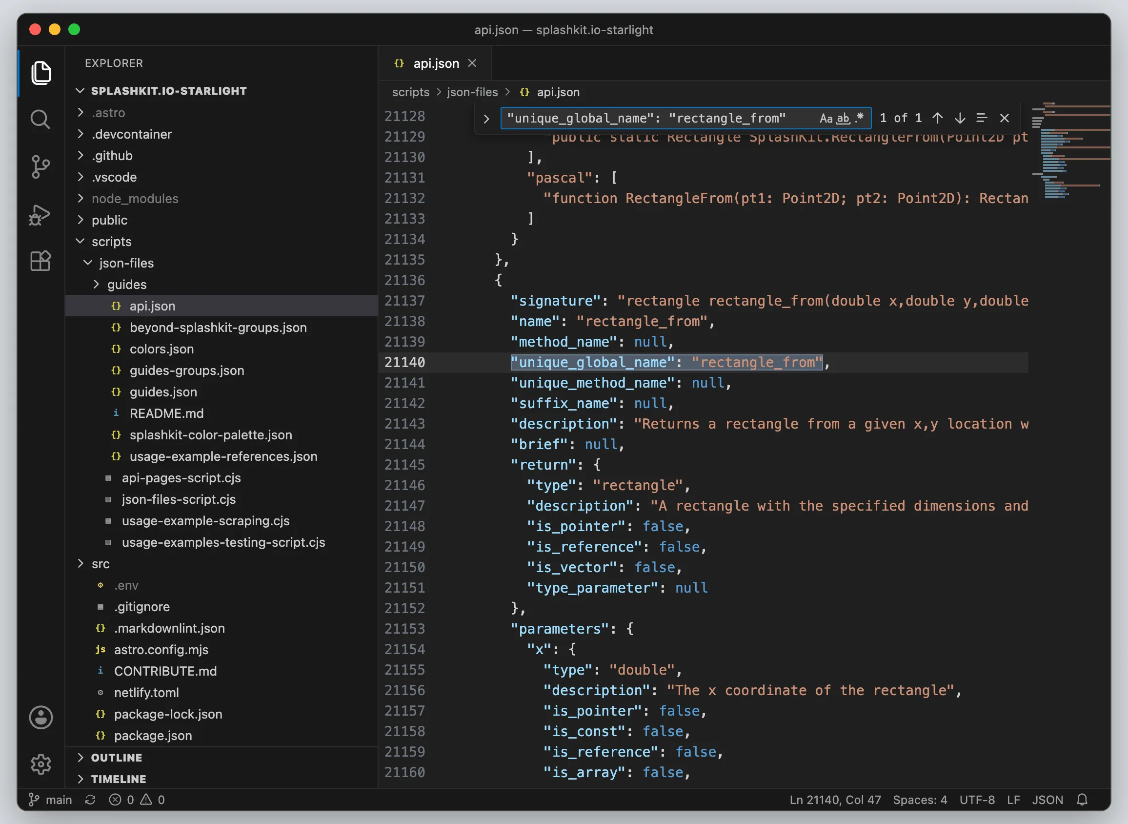 VS Code with api.json open and the search box highlighting the unique_global_name line for rectangle_from