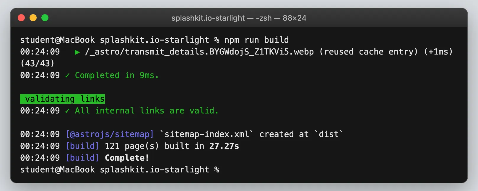 Terminal at the end of npm run build, reporting that all internal links are valid and the build is complete