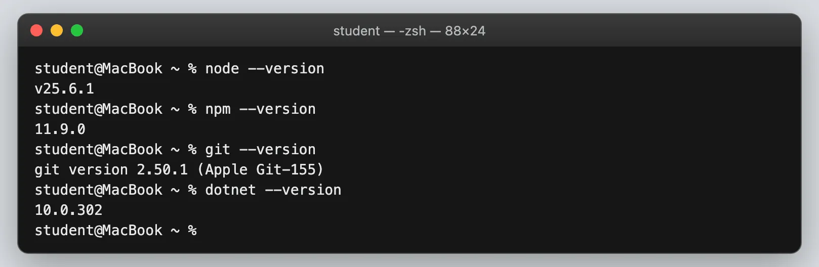 Terminal showing the version numbers printed by node, npm, git, and dotnet