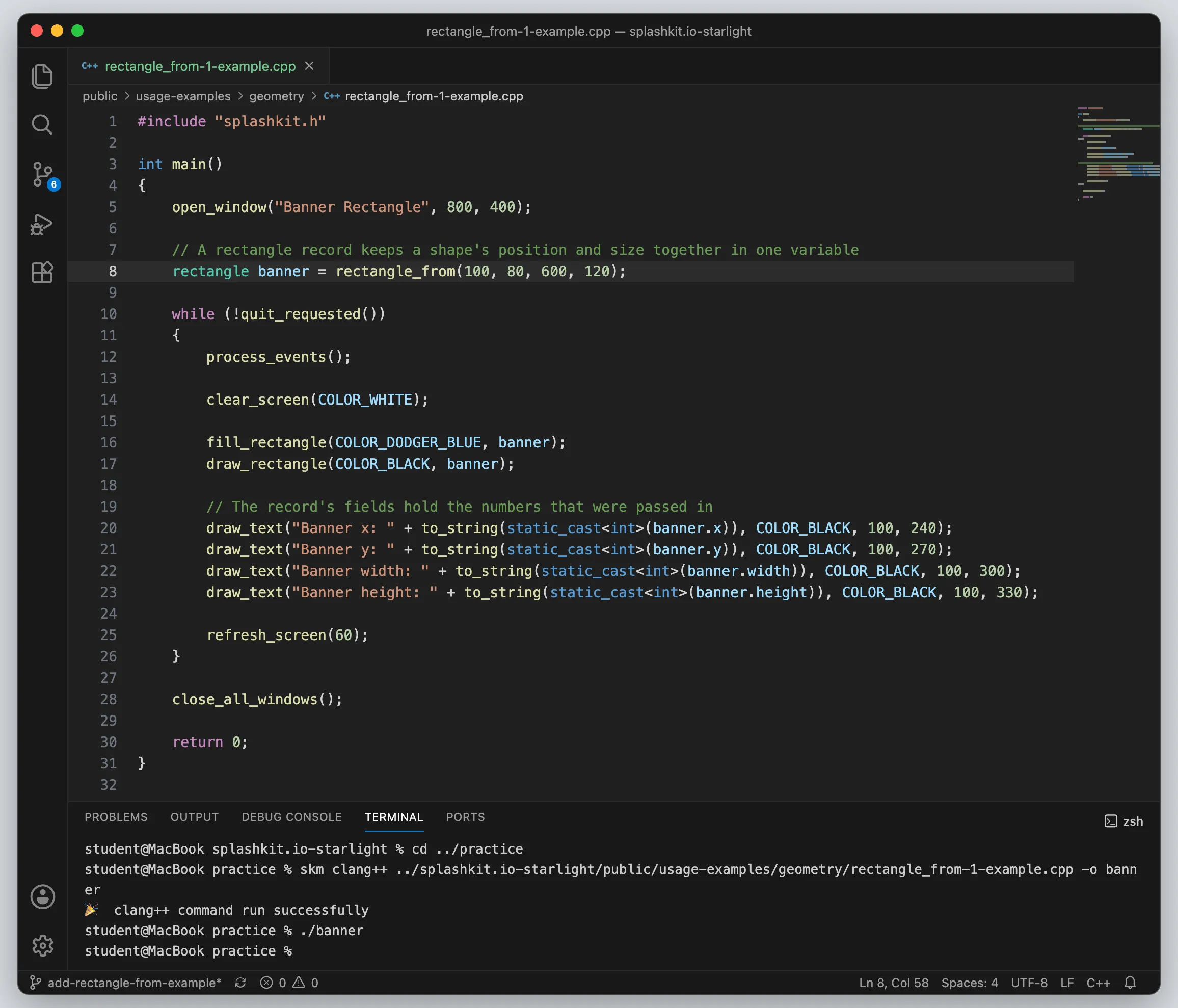 VS Code showing the C++ example with the rectangle_from line highlighted and a terminal panel below it