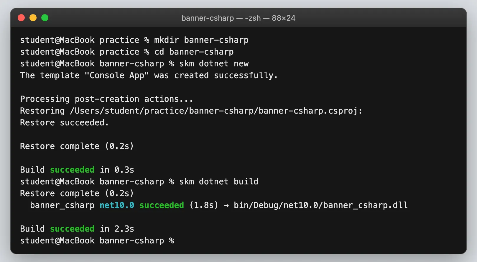 Terminal showing a new C# project being created with skm dotnet new and then built with skm dotnet build