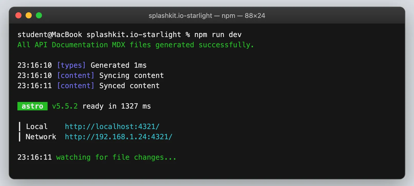 Terminal showing the website running, with a Local address of http://localhost:4321/