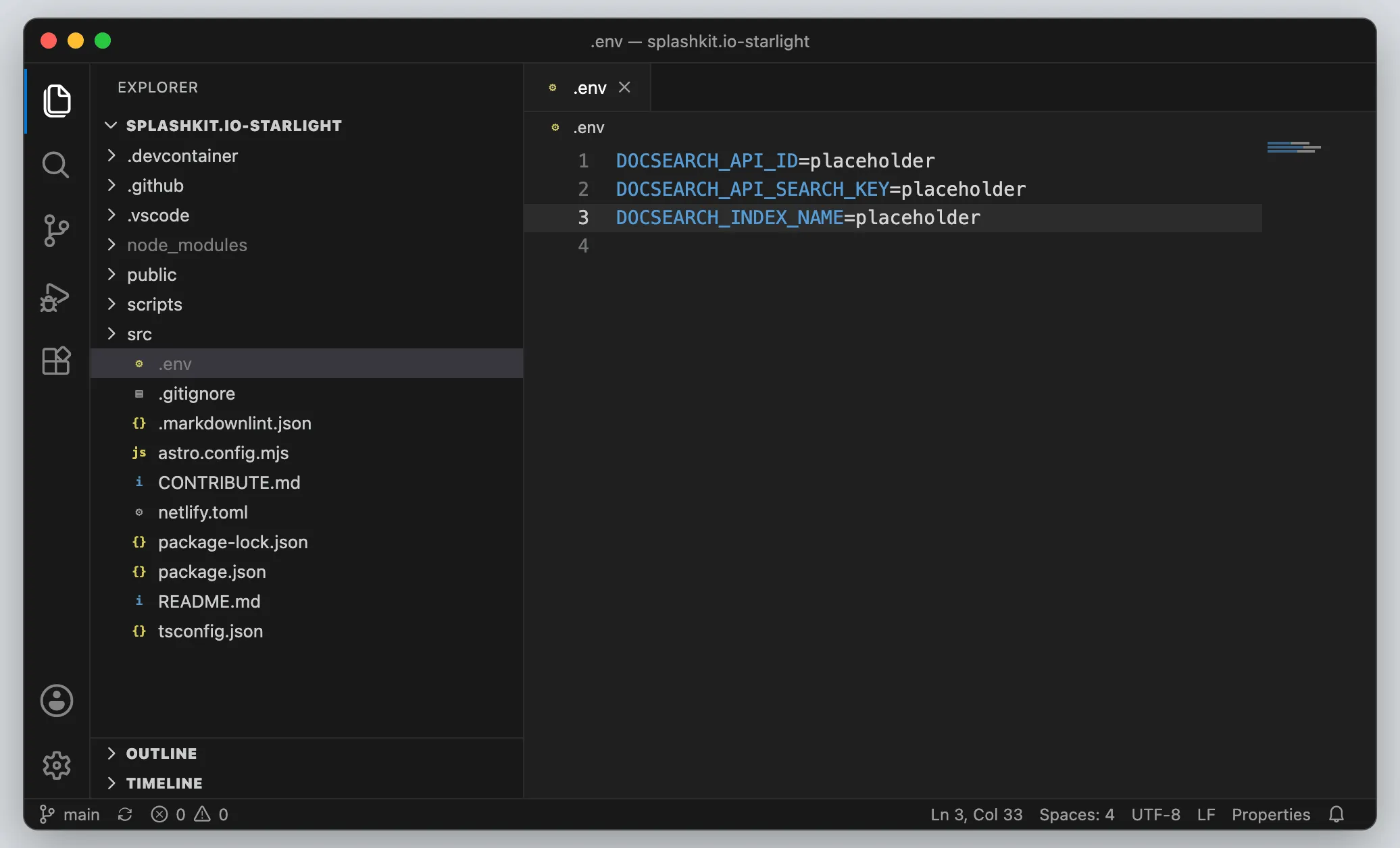 VS Code showing a .env file with three lines that set placeholder values