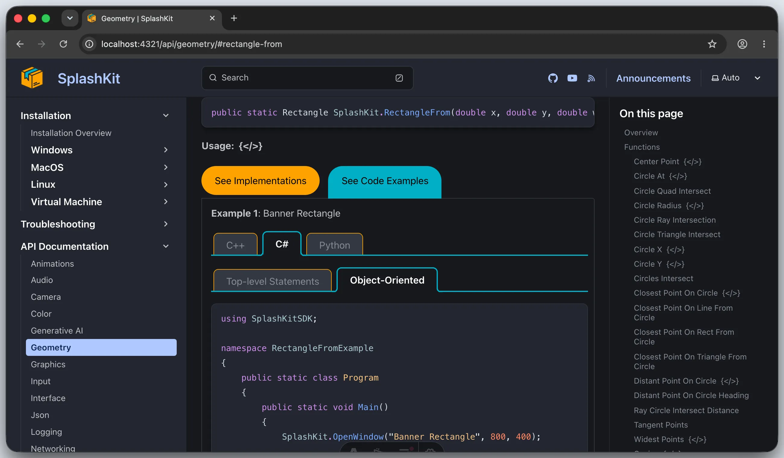 Browser showing the object-oriented C# tab with the RectangleFrom call highlighted