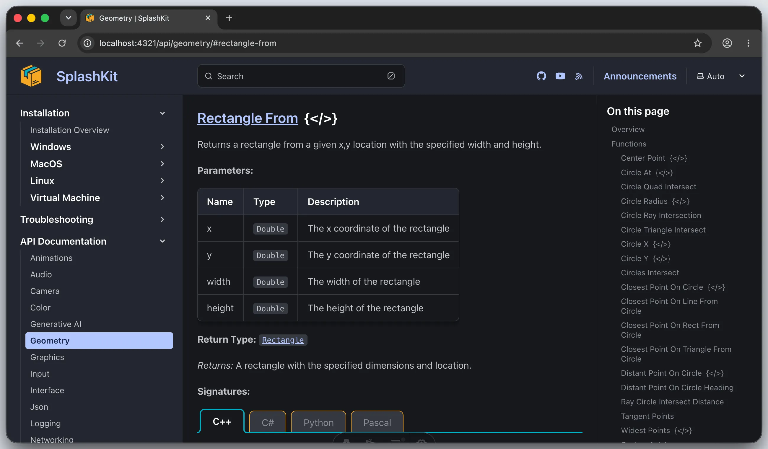 Browser showing the Rectangle From function on the Geometry API page